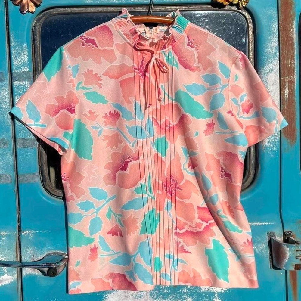 70s Graff California Wear peach floral blouse tie & pintuck women’s size medium